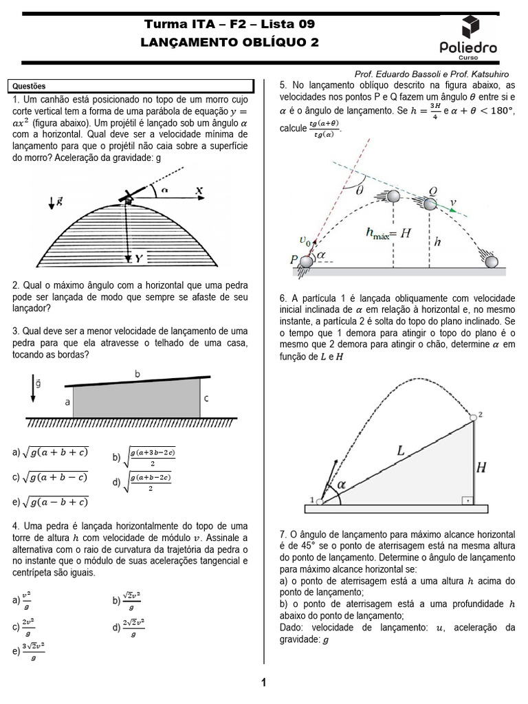 Questões de Lançamento Oblíquo - Turma ITA | PDF