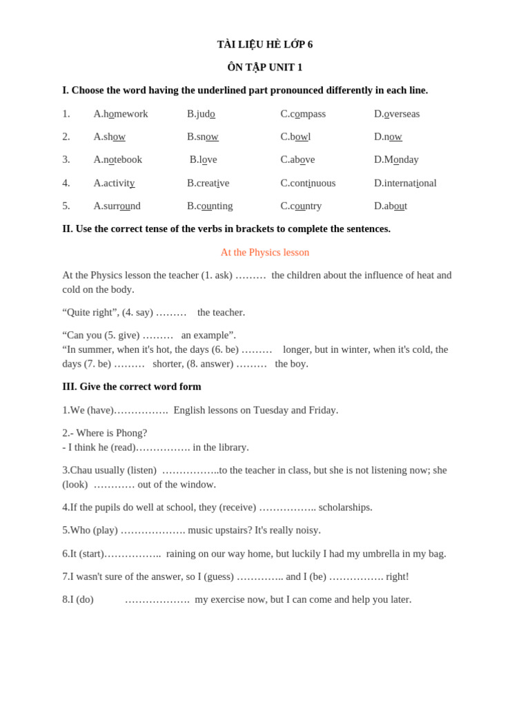 Class 6 English Unit 1 Review | PDF