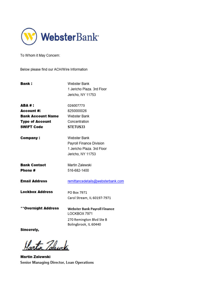 Webster ACH Wire Instructions As of 60723 | PDF