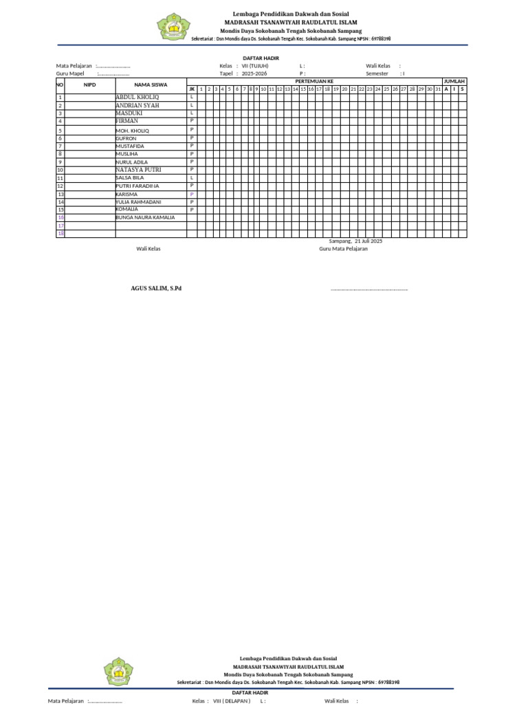 Daftar Hadir Siswa Kls 1 2 3 Copy 14 | PDF