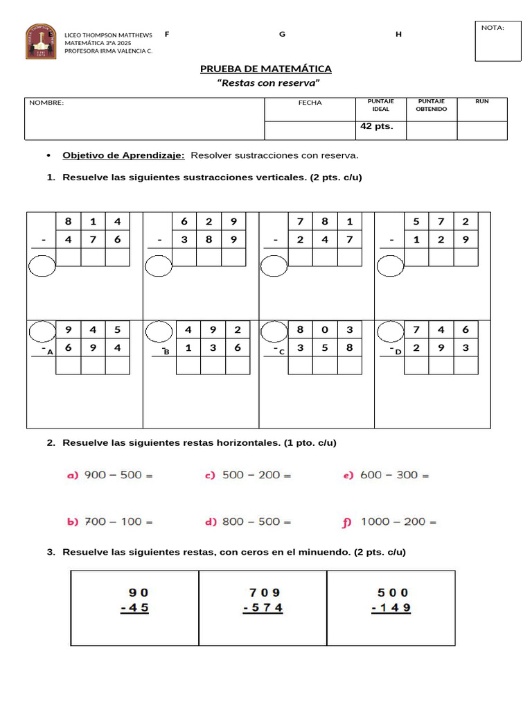Prueba de Restas con Reserva 3°A | PDF