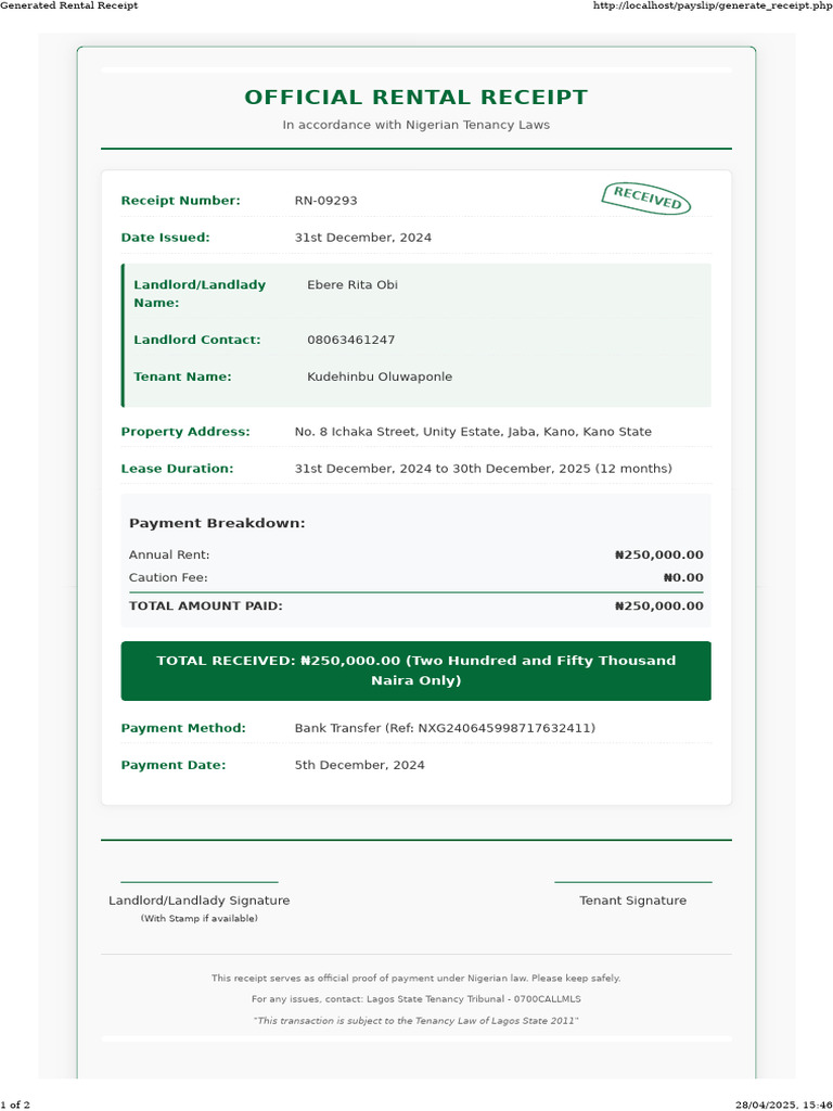 Official House Rent Receipt Nigeria | PDF | Landlord | Lease