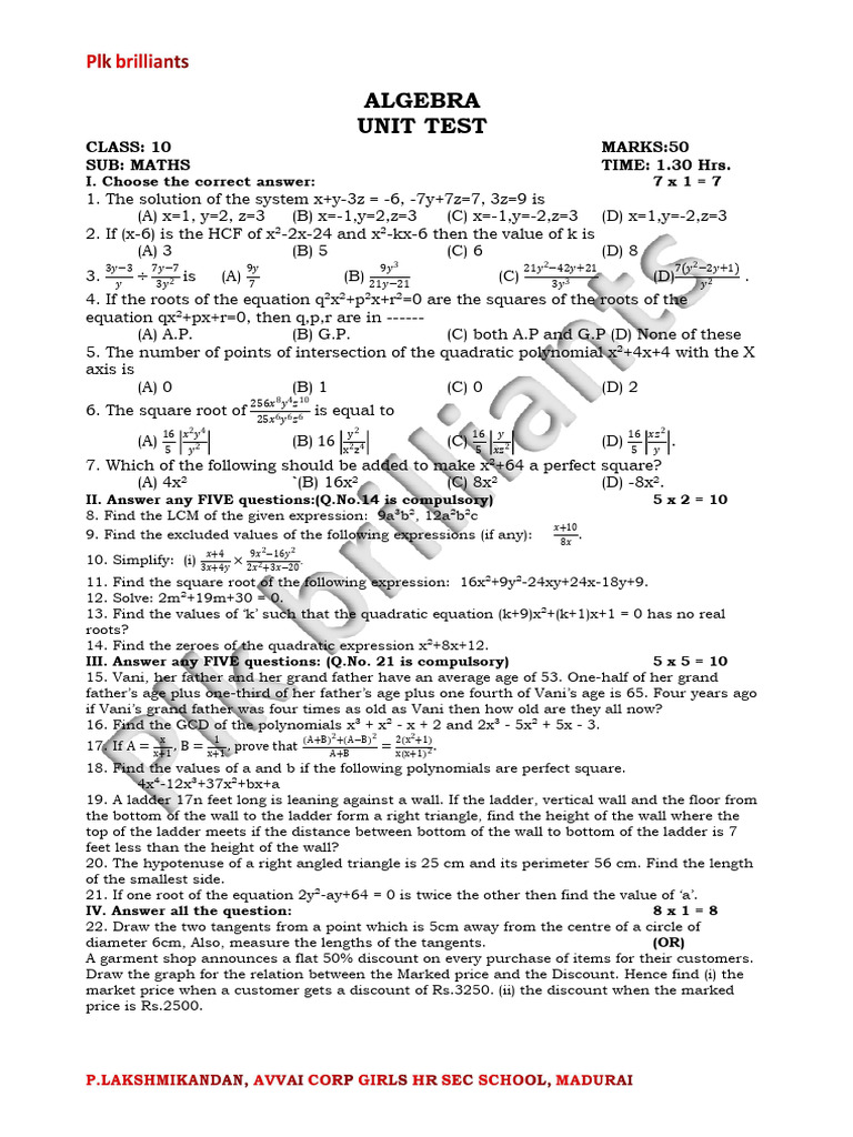 10th Maths Unit Test: Algebra Paper | PDF | Zero Of A Function ...