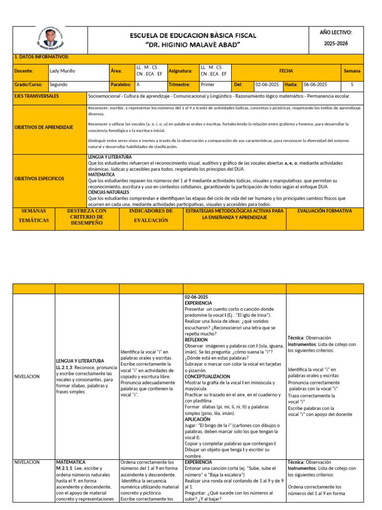 Plan de Clases Segundo Grado 2025-2026 | PDF | Vocal | Aprendizaje