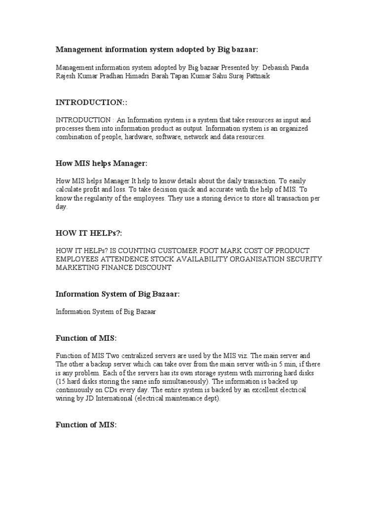 Big Bazaar PDF Management Information System Information System