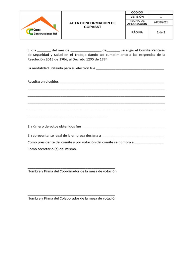 Acta de Conformación COPASST 2023 | PDF