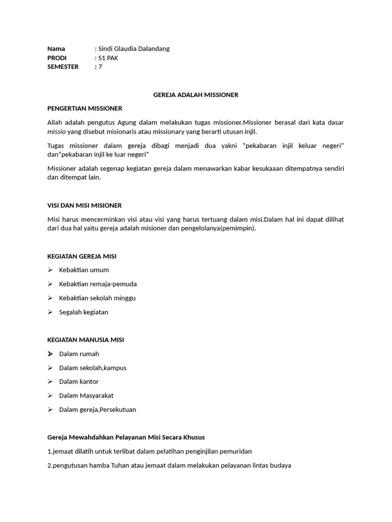 Gereja sebagai Misioner: Arti dan Tugas | PDF
