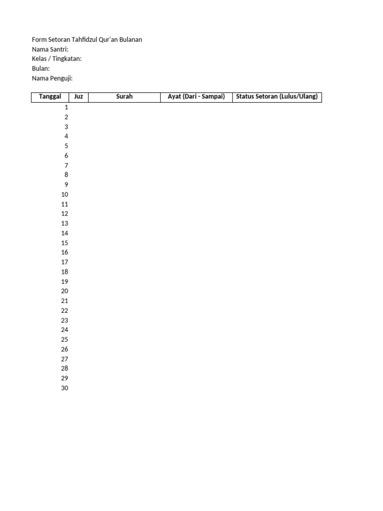 Form Setoran Tahfidz Bulanan Santri | PDF