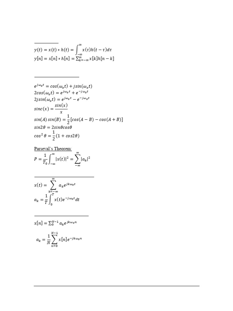 Signal Processing Formula Sheet | PDF | Fourier Transform | Fourier Series