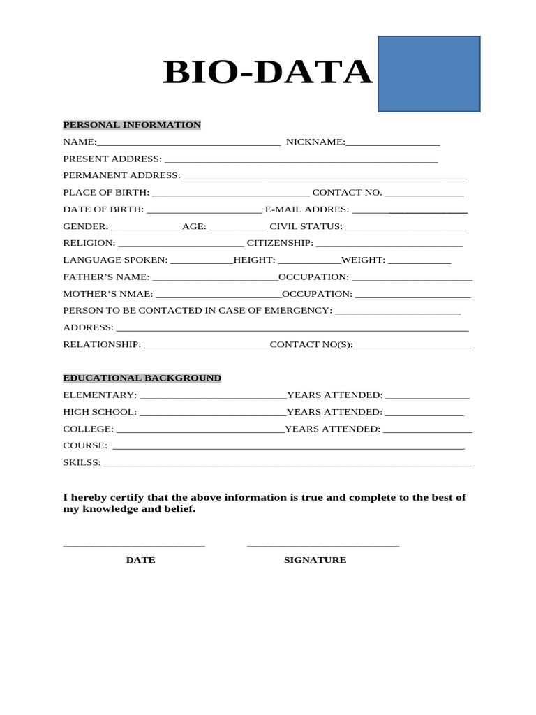 Personal Bio-Data Form Template | PDF