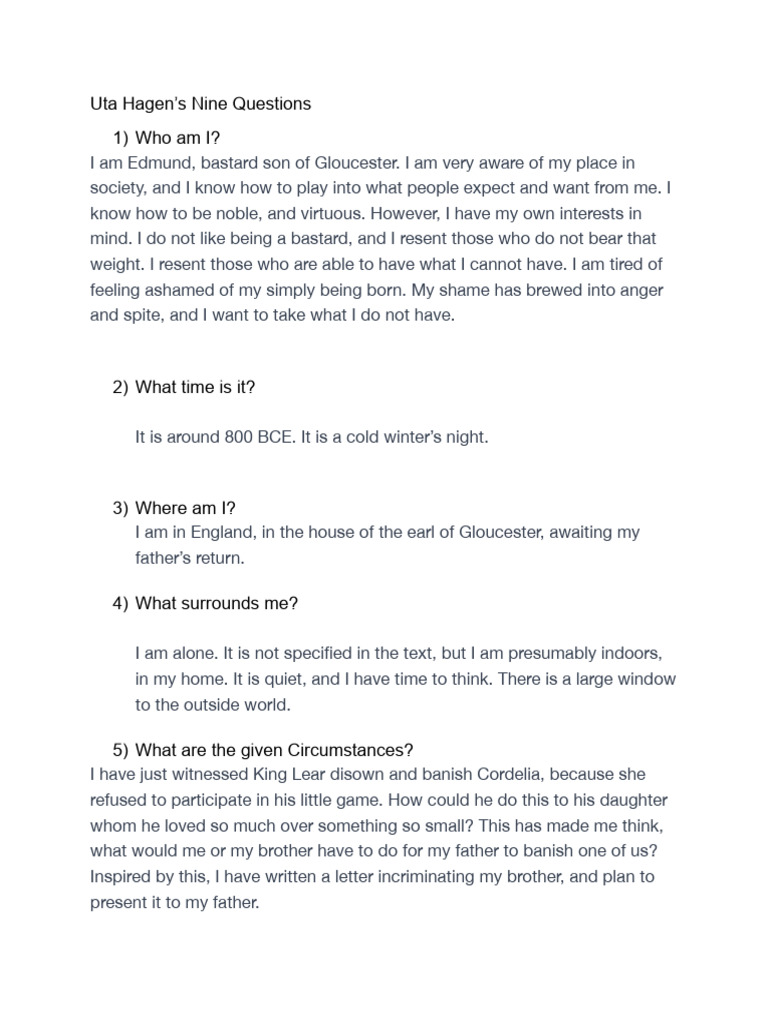 Uta Hagen's Nine Questions Edmund King Lear | PDF