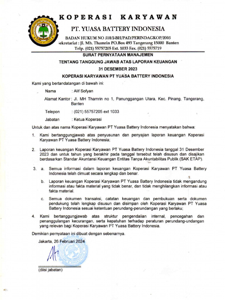 Surat Pernyataan Management | PDF