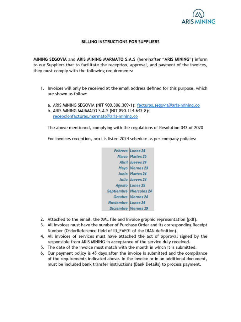 Billing Instructions for ARIS Mining | PDF | Invoice