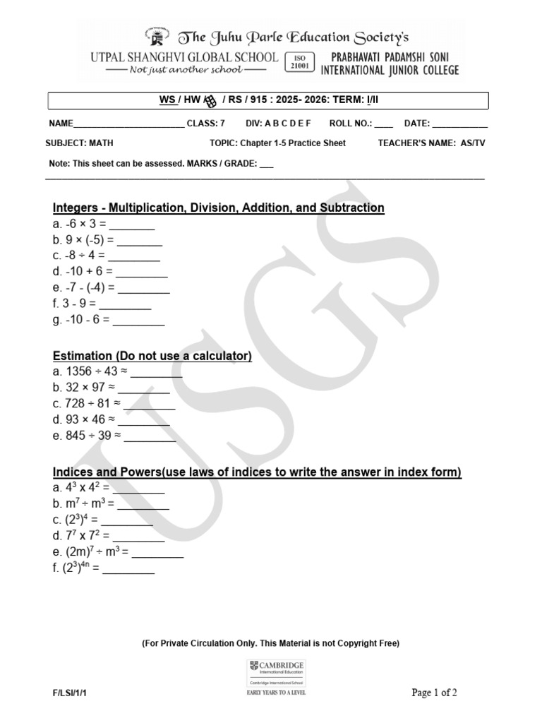 Math Practice Sheet for Class 7 Students | PDF | Area | Classical Geometry