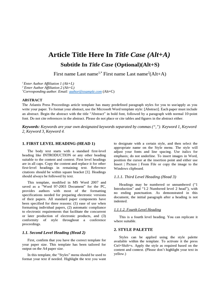 Atlantis Press Article Template Guide | PDF | Microsoft Word | Formal ...