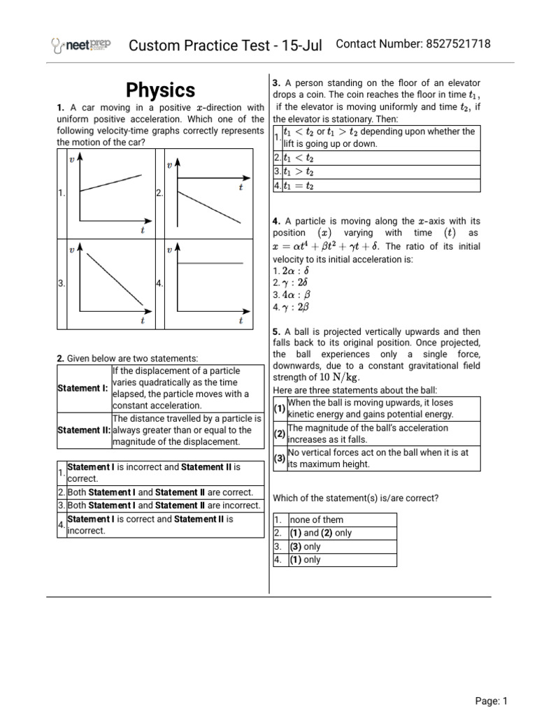 Physics Practice Test Questions | PDF | Acceleration | Periodic Table