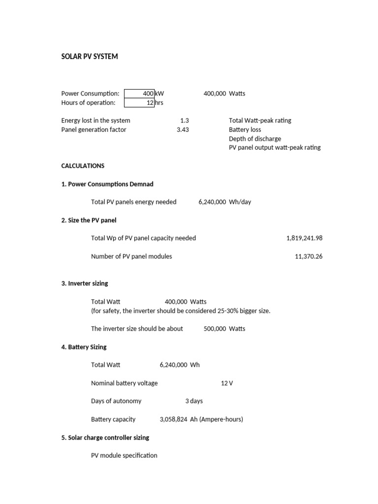 Solar PV System Sizing Calculations | PDF