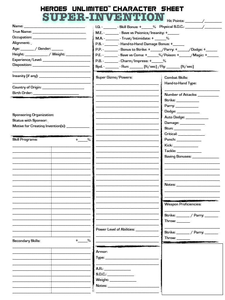 Super-Invention Character Profile | PDF | Gaming | Tabletop Games