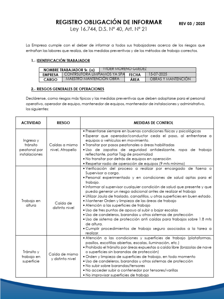 Registro de Obligación de Informar 2025 | PDF | Lavado de manos ...