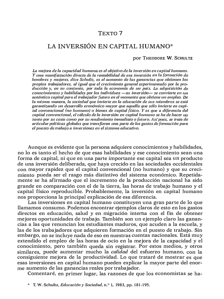U1 Schultz - La Inversión en Capital Humano. | PDF | Inversiones ...