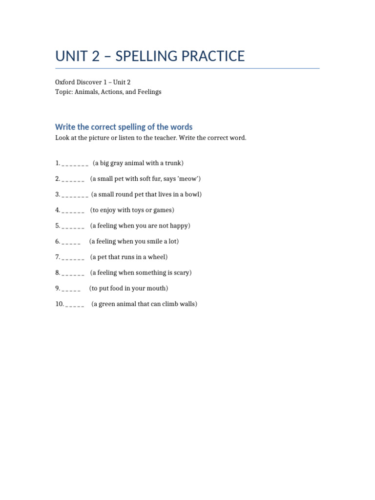 Unit2 Spelling Practice | PDF