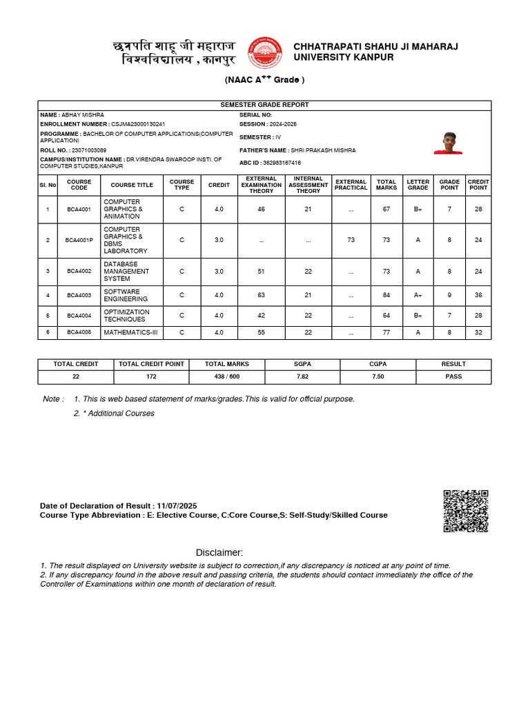 BCA Semester IV Grade Report 2024 | PDF | Software Engineering | Software
