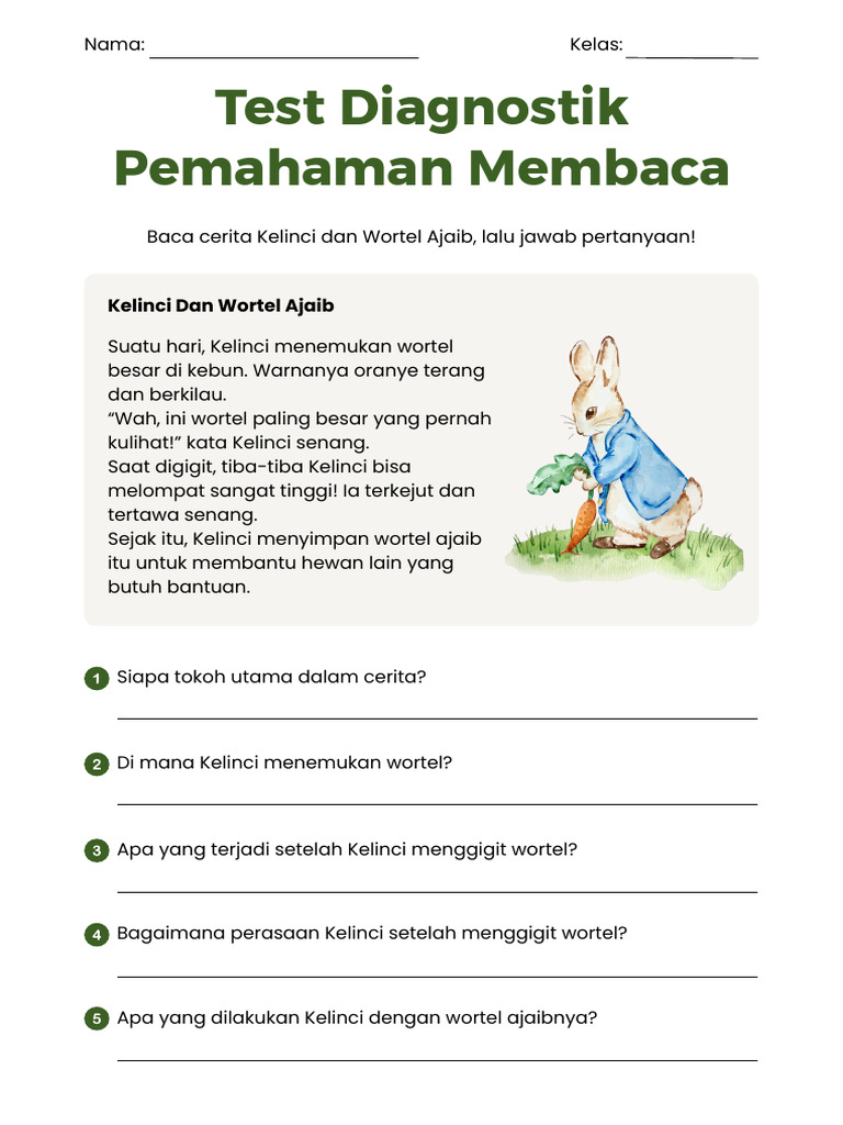 Test Diagnostik Pemahaman Membaca Lembar Kerja Hijau Cat Air | PDF