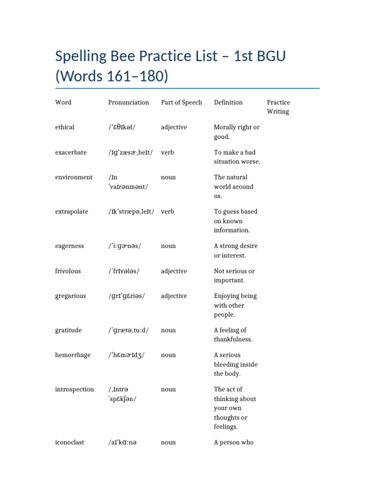 Spelling Bee Words 161-180 List | PDF | Adjective | Morphology