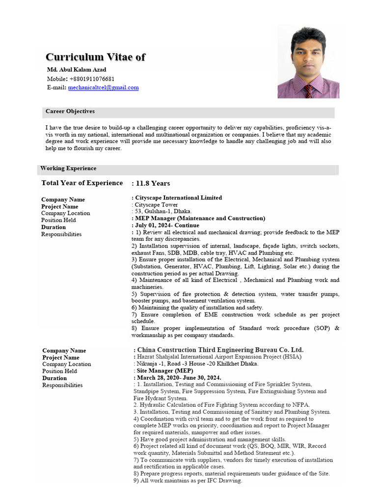 Azad Plumbing and MEP Expertise CV | PDF | Bangladesh | Mechanical ...