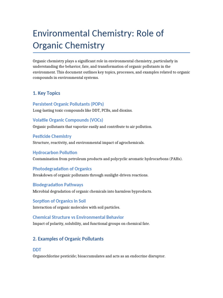 Role Of Organic Chemistry In Environment Pdf