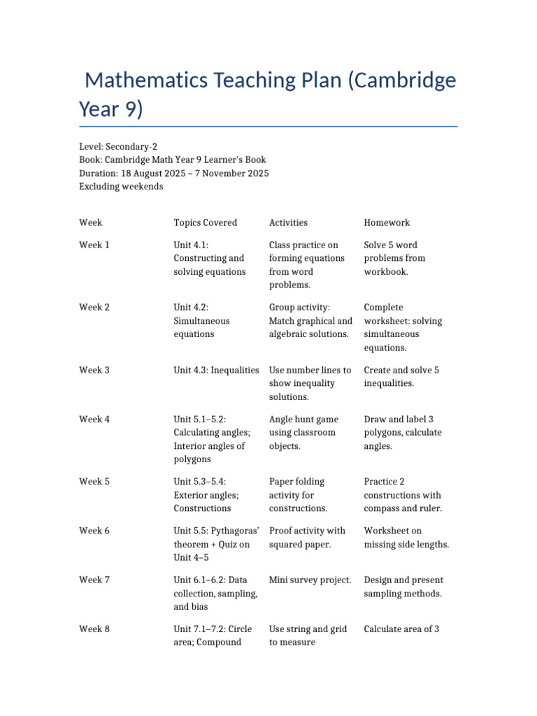 Math Year9 Teaching Plan Aug-Nov 2025 | PDF | Mathematics | Equations