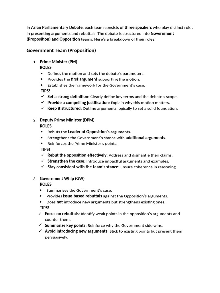Roles in Asian Parliamentary Debate | PDF | Argument | Logic