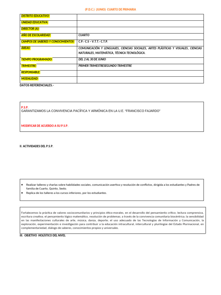 Planificación Educativa Cuarto Primaria | PDF | Comunicación | Plan de ...