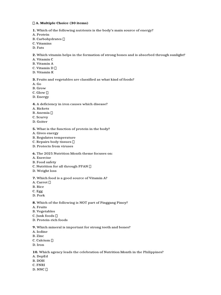 Nutrition Quiz: Key Nutrients & Facts | PDF | Foods | Vitamin