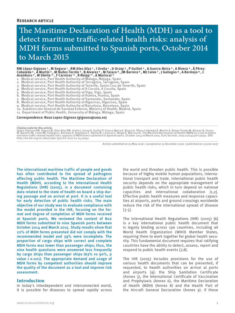 The Maritime Declaration of Health MDH As A Tool T | PDF