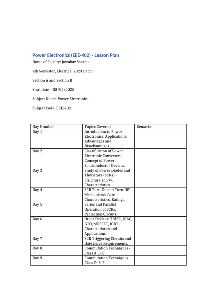 Power Electronics Lesson Plan EEE-402 | PDF | Power Electronics | Power ...