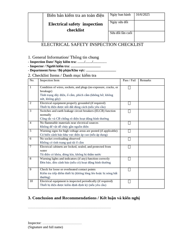 Electrical Safety Inspection Checklist EDK | PDF