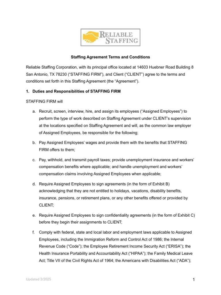 Reliable Staffing Agreement Overview | PDF | Indemnity | Employment