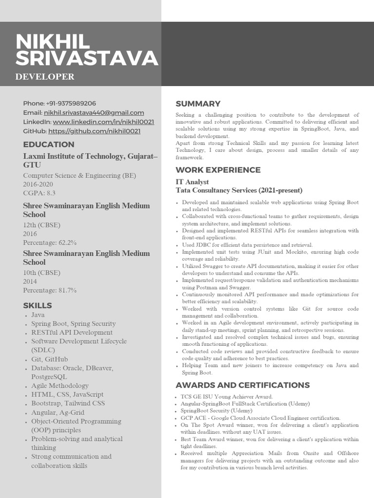 Java Spring Boot Developer Resume | PDF | Software Development ...