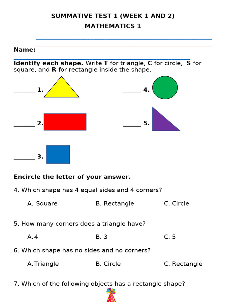 Mathematics Shapes Assessment Test | PDF