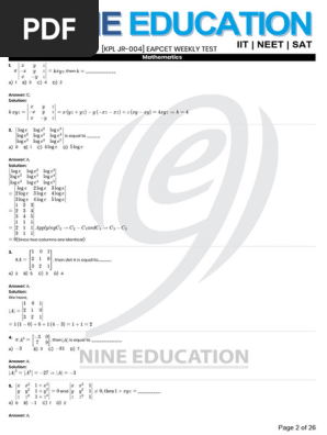 KPL Jr-004) Eapcet Weekly Test - Solutions | PDF | Mathematical