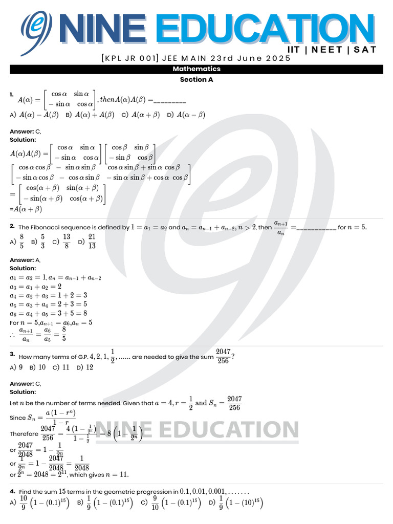KPL Jr-002) Jee Main Weekly Test - Solutions | PDF | Linear