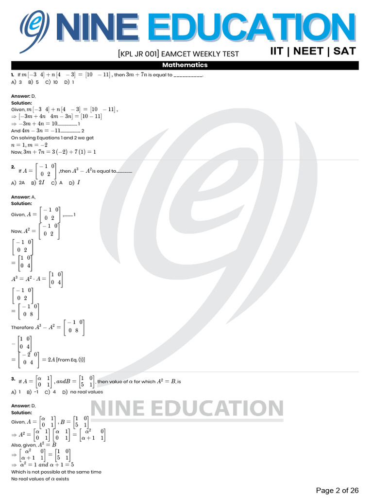 EAMCET Weekly Test Mathematics Solutions | PDF | Mathematical