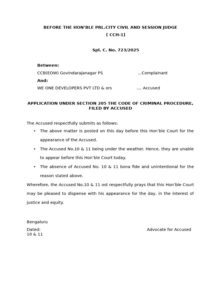 Application to Dispense Appearance under CrPC 205 | PDF