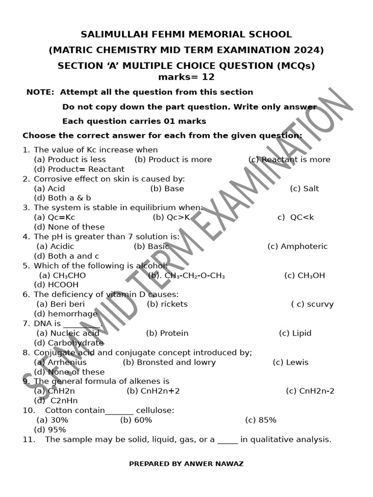 2024 Chemistry Mid Term Exam Paper | PDF | Ph | Acid