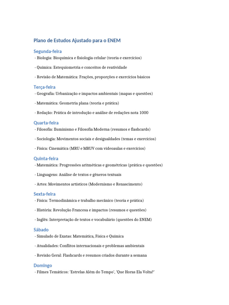 Plano de Estudos ENEM: Semana de Revisão | PDF