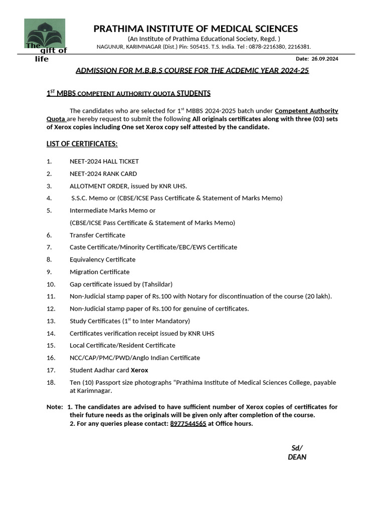 Mbbs Course Certificates Submission 2024 25 Batch Pdf