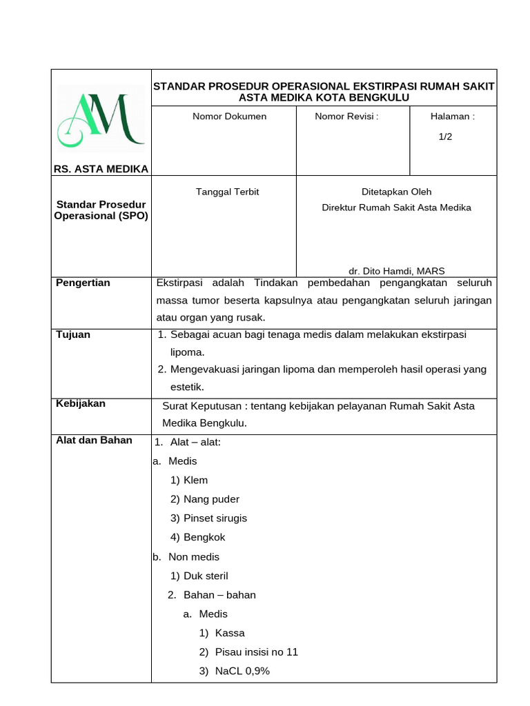Prosedur Ekstirpasi di RS Asta Medika | PDF
