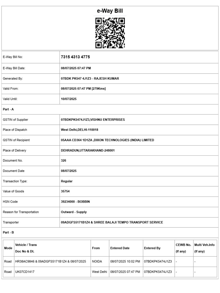 E-Way Bill Details for Shipment | PDF