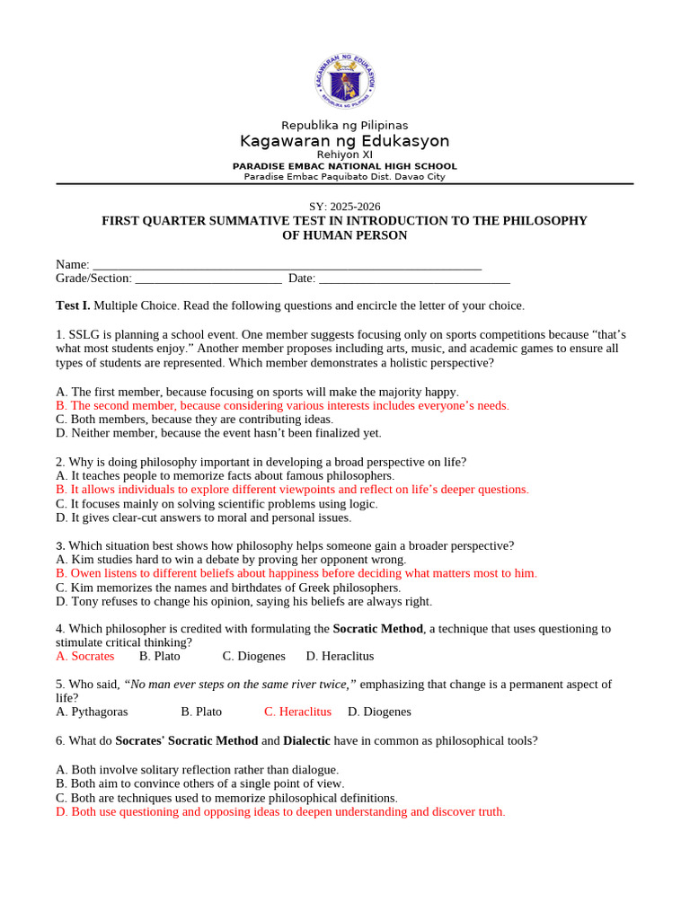 Philosophy 1st Summative Test | PDF | Socrates | Critical Thinking